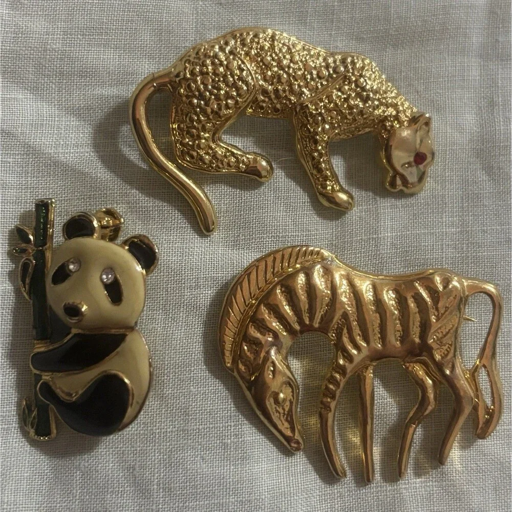 Vintage Animal Brooch Lot Panda Zebra Leopard Gold Safari Enamel Rhinestone Pins